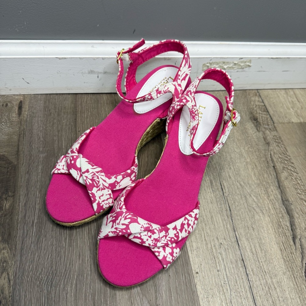 Lauren Ralph Lauren Hot Pink Floral Wedge Sandals with Ankle Strap